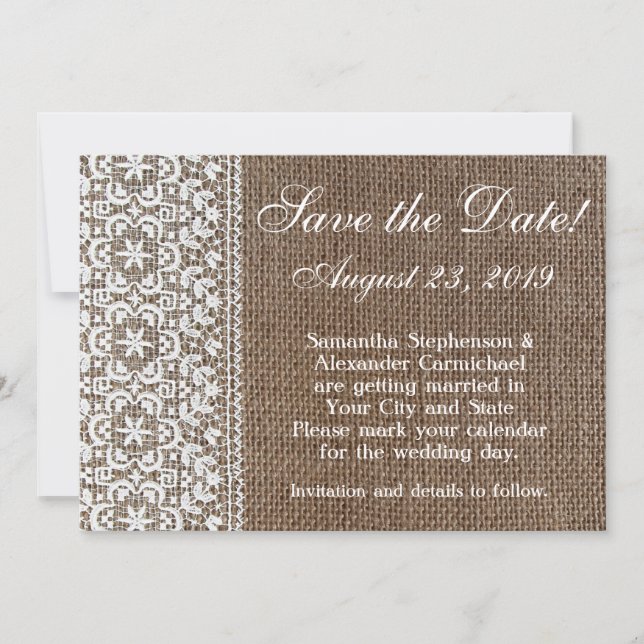 Simple Burlap and Lace Save the Date (Front)