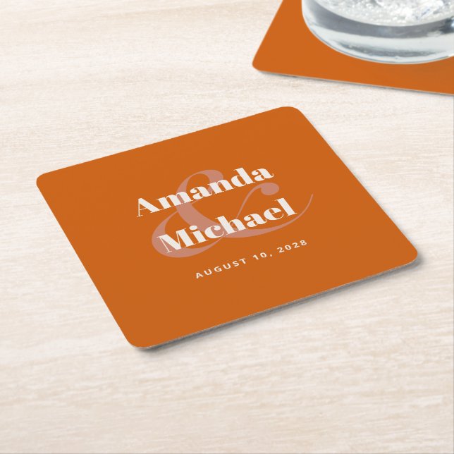Simple Burnt Orange Modern Minimalist Wedding Square Paper Coaster (Angled)