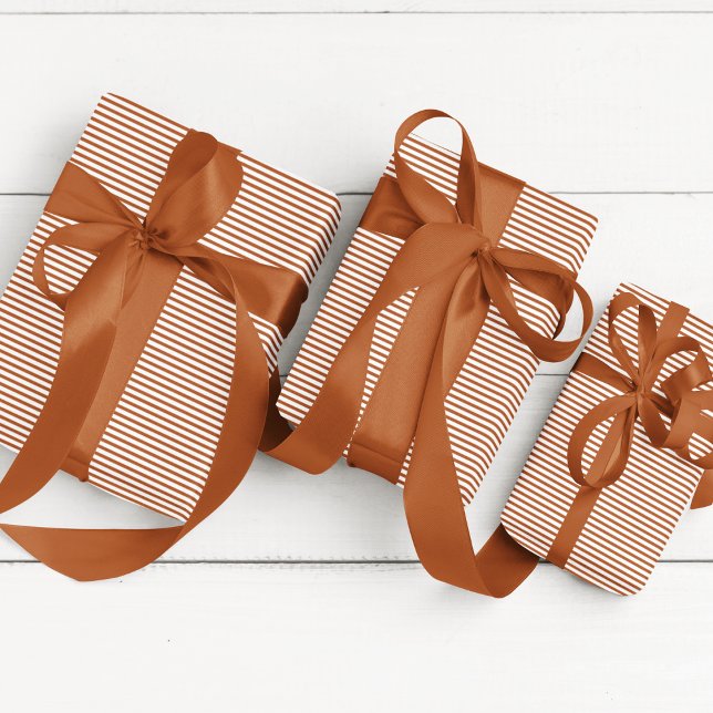 Simple Burnt Orange Thin Striped Wrapping Paper (Elegant Striped Burnt Orange and White Wrapping Paper. Chic Fall Color, Ideal for Autumn Birthday)