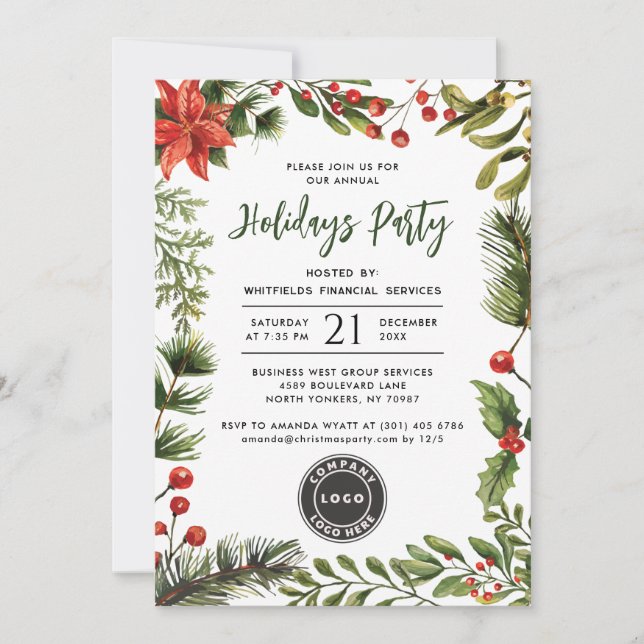Simple Business Logo Botanical Christmas Party Invitation (Front)