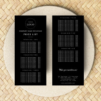 Simple Business Logo Double Sided Price List Black Rack Card
