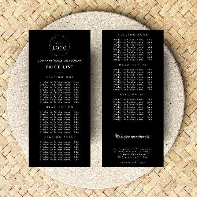 Simple Business Logo Double Sided Price List Black Rack Card (Creator Uploaded)
