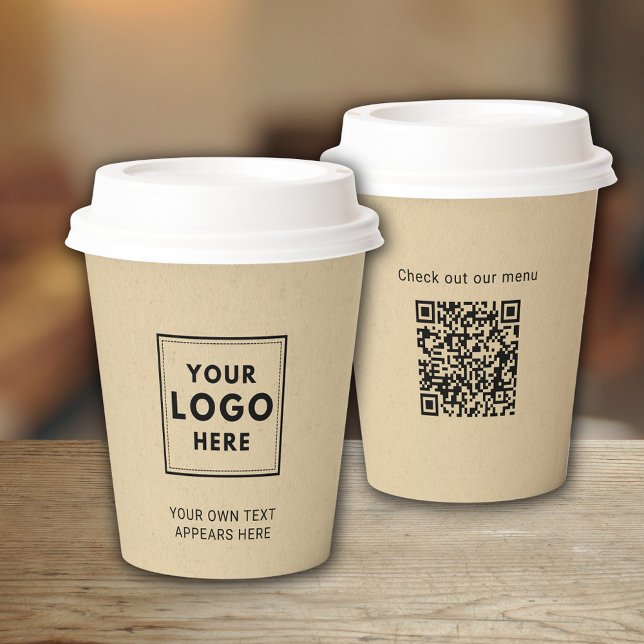 Simple Business Logo Kraft Paper Professional QR Paper Cups (Simple Business Logo Takeaway coffee cup with custom text and QR code to back.)