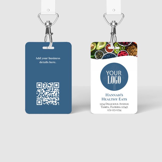 Simple Business Logo Photo QR Code Blue ID Badge (Simple photo badges with a full bleed photo template. )