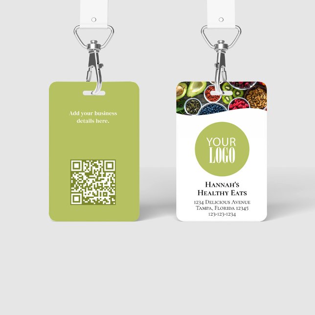Simple Business Logo Photo QR Code Green ID Badge (Simple photo badges with a full bleed photo template. )