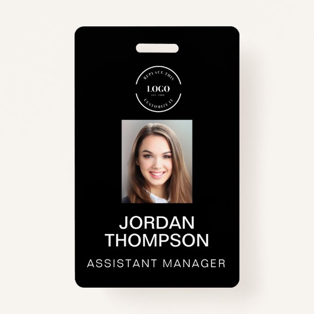 Simple Business Logo QR code Employee photo black ID Badge (Front)