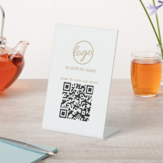 Simple Business Logo QR Code Restuarant Menu Gold Pedestal Sign