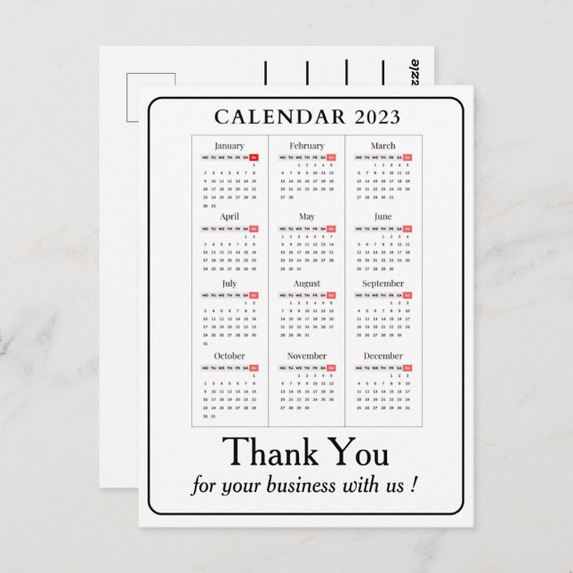 Simple Calendar 2023 Custom Business Thank You Postcard (Front/Back)