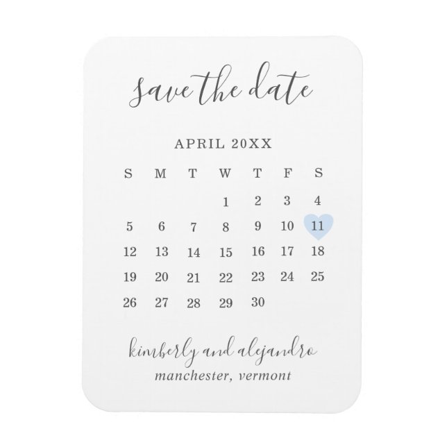 Simple Calendar Pastel Blue Heart Save the Date Magnet (Vertical)