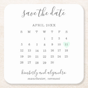 Simple Calendar Pastel Green Heart Save the Date Square Paper Coaster