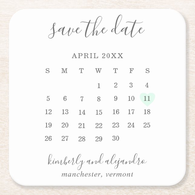 Simple Calendar Pastel Green Heart Save the Date Square Paper Coaster (Front)