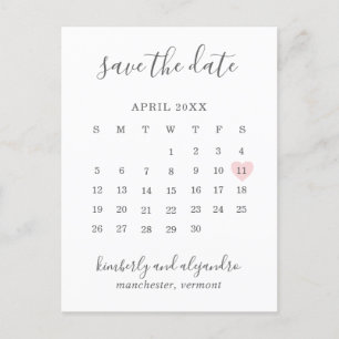 Simple Calendar Pastel Pink Heart Save the Date Announcement Postcard