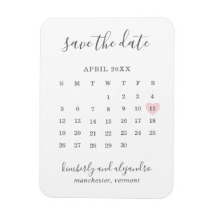 Simple Calendar Pastel Pink Heart Save the Date Magnet