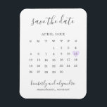 Simple Calendar Pastel Purple Heart Save the Date Magnet<br><div class="desc">Modern save the date magnet featuring a simple calendar in soft grey with the words, "Save the Date" and your names in an elegant handwriting font and a pastel purple heart surrounding your date, over a white background. DESIGN TIP: For a column that does not have a date in the...</div>