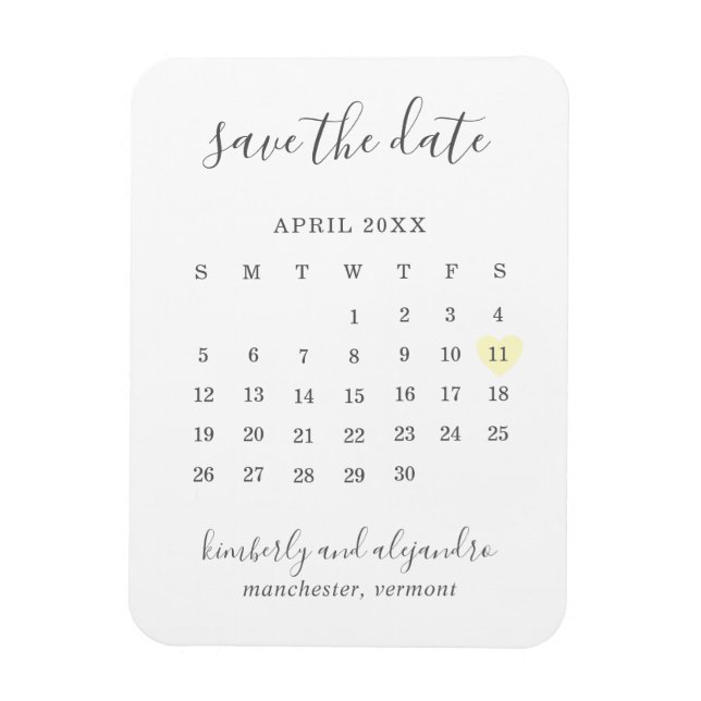 Simple Calendar Pastel Yellow Heart Save the Date Magnet (Vertical)