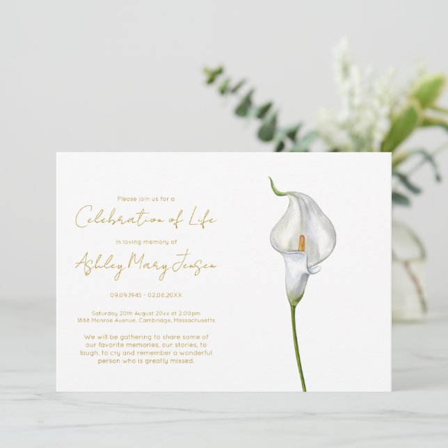 Simple Calla Lily Celebration of Life Funeral Invitation (Standing Front)