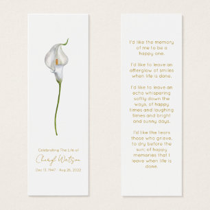 Simple Calla Lily Funeral Memorial Bookmark