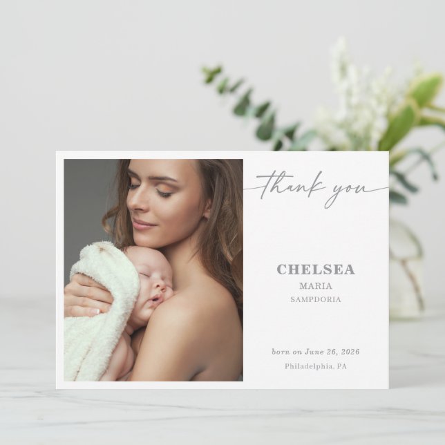 Simple Calligraphy Chic Baby Photo Thank You Card (Standing Front)
