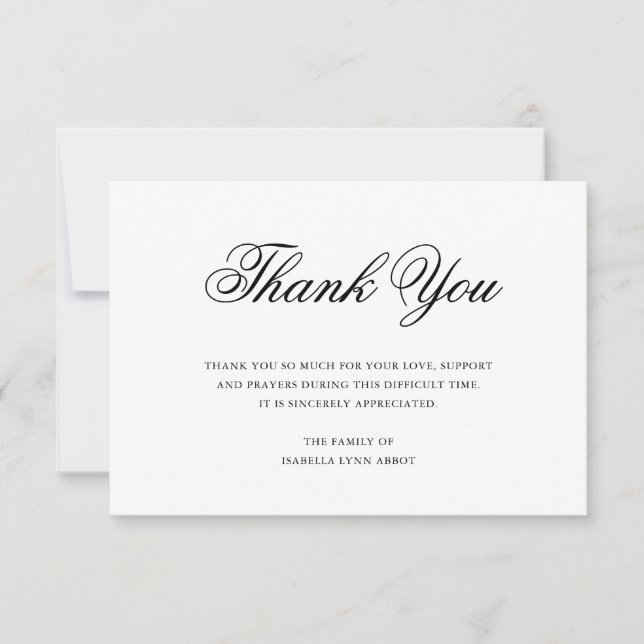 Simple Calligraphy Elegant Funeral Acknowledgement Thank You Card (Front)