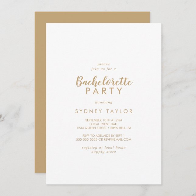 Simple Calligraphy | Gold Back Bachelorette Party  Invitation (Front/Back)