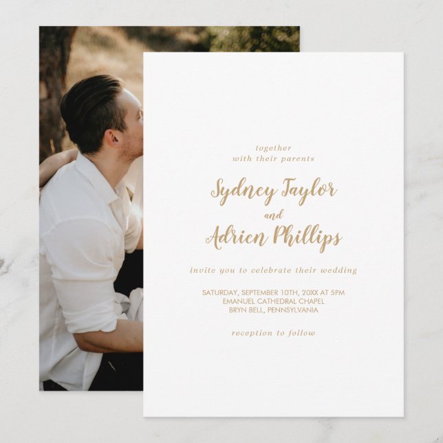 Simple Calligraphy|Gold Photo Casual Wedding Invitation (Front/Back)