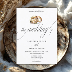Simple calligraphy gold rings and roses wedding invitation