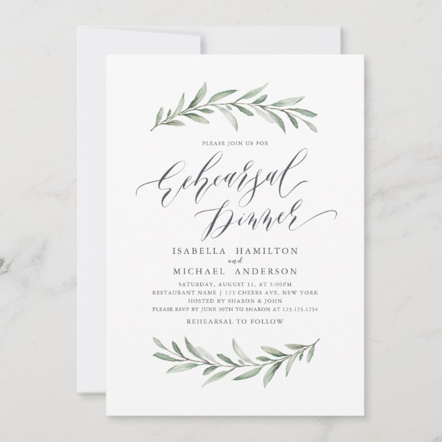 Simple calligraphy greenery rehearsal dinner invitation (Front)