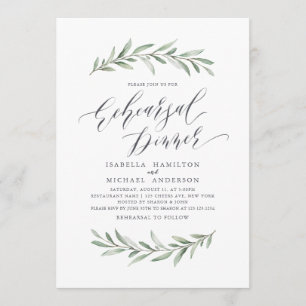 Simple calligraphy greenery rehearsal dinner invitation