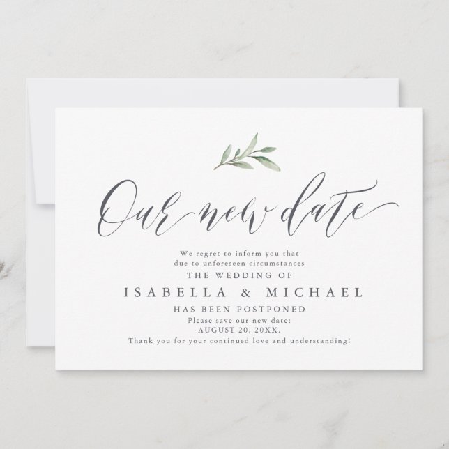 Simple calligraphy greenery save the new date invitation (Front)