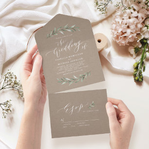 Simple calligraphy kraft rustic greenery wedding all in one invitation