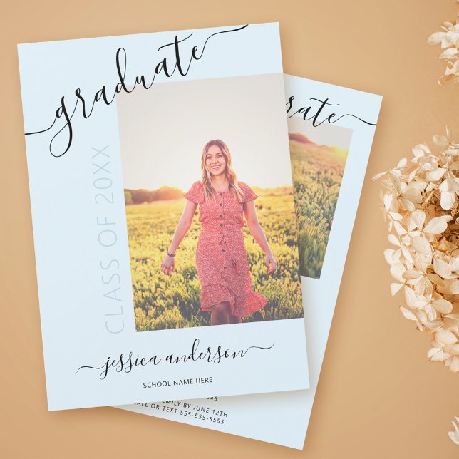 Simple Calligraphy Light Blue Graduation 2 Photo Invitation (Creator Uploaded)