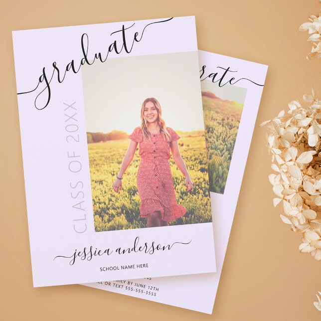 Simple Calligraphy Light Purple Graduation 2 Photo Invitation (Creator Uploaded)