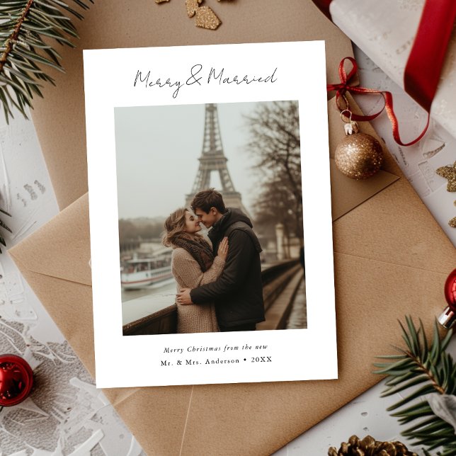 Simple Calligraphy Merry & Married Christmas Photo Holiday Card (Creator Uploaded)