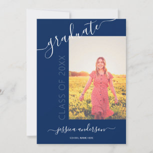 Simple Calligraphy Navy Blue Graduation 2 Photo Invitation