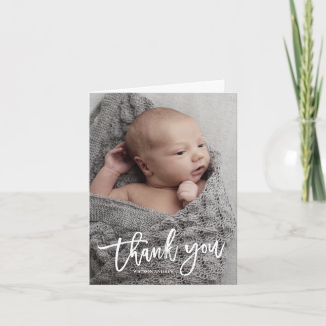 Simple Calligraphy Photo Baby Thank You Card (Front)
