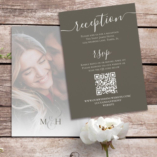 Simple Calligraphy Photo Brown | QR Code RSVP Enclosure Card (Creator Uploaded)
