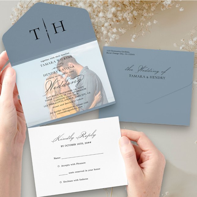 Simple Calligraphy Photo Dusty Blue RSVP Wedding All In One Invitation (Creator Uploaded)