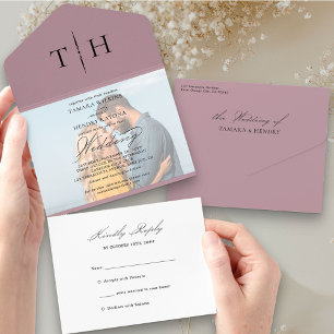 Simple Calligraphy Photo Dusty Rose RSVP Wedding All In One Invitation
