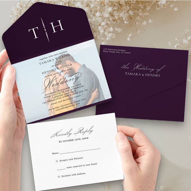 Simple Calligraphy Photo Purple RSVP Wedding All In One Invitation (Creator Uploaded)