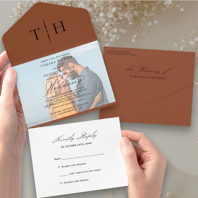 Simple Calligraphy Photo Terracotta RSVP Wedding All In One Invitation (Creator Uploaded)