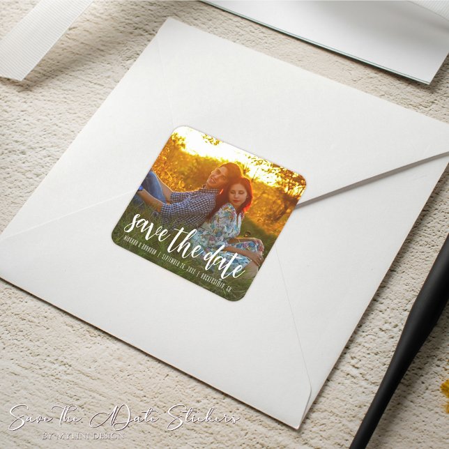 Simple Calligraphy Photo Wedding Save the Date Square Sticker (Creator Uploaded)