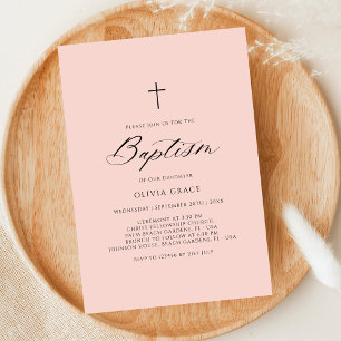 Simple Calligraphy Pink Baby Girl Baptism Invitation