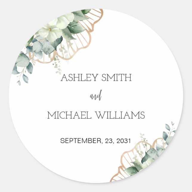 Simple Calligraphy Rustic Greenery Floral Wedding Classic Round Sticker (Front)