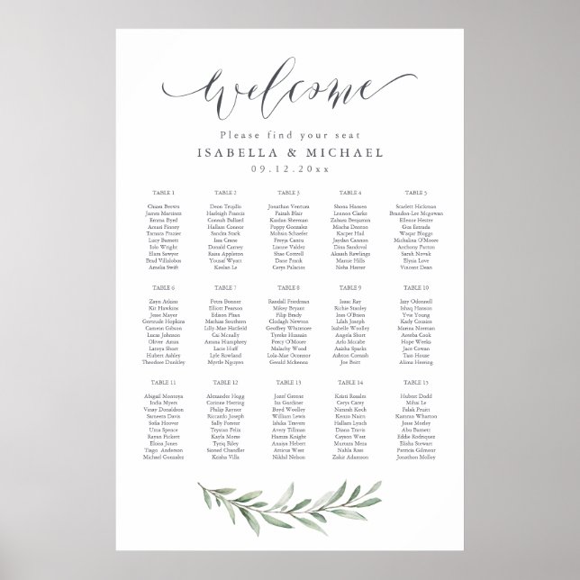 Simple Calligraphy Rustic Greenery Seating Chart (Front)