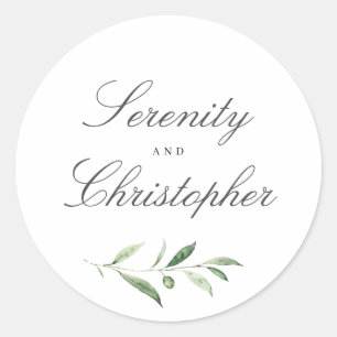 Simple calligraphy rustic greenery wedding favours classic round sticker