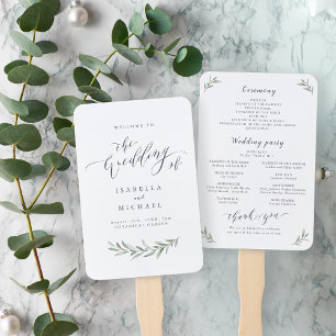 Simple calligraphy rustic greenery wedding program hand fan