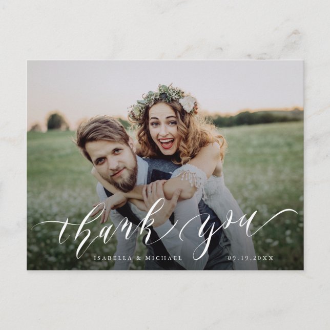 Simple calligraphy rustic photo wedding thank you postcard (Front)