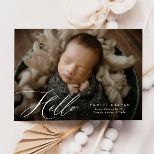 Simple Calligraphy Script Hello Photo Baby Birth Announcement