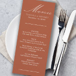 Simple Calligraphy Terracotta Wedding Menu<br><div class="desc">Custom wedding menu card. Simple classic and elegant design in terracotta to coordinate with your wedding colours (please browse my store for alternative colours or click "customise further" and change the background colour to suit). The template is ready for you to add the bride and groom names, wedding date and...</div>