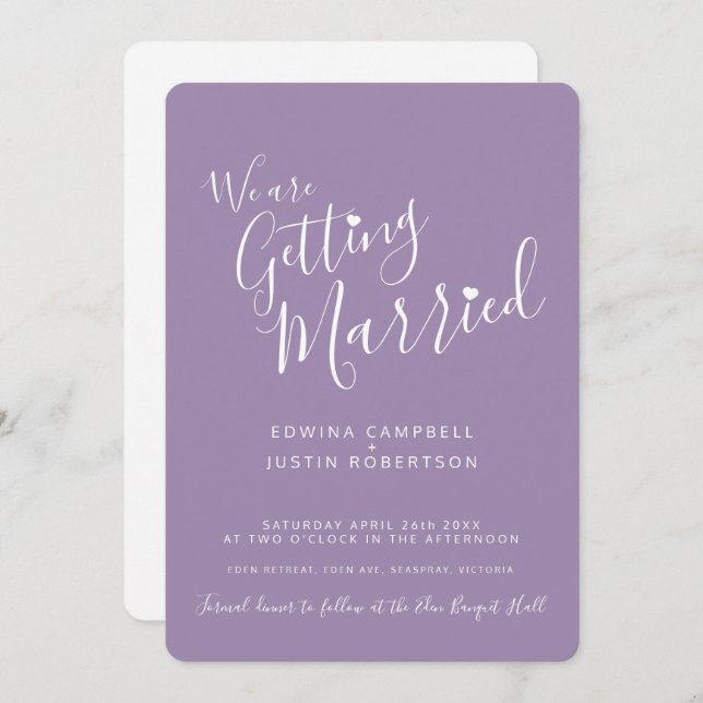 Simple calligraphy text purple white heart wedding invitation (Front/Back)